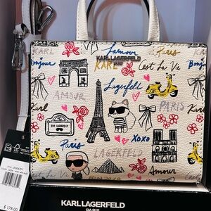Karl Lagerfeld White Tote with Multicolor Parisian Print